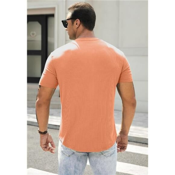 Men's Slim Fit Henley Shirt Muscle Crewneck Workout Tee Longline Button Top - Picture 2 of 7